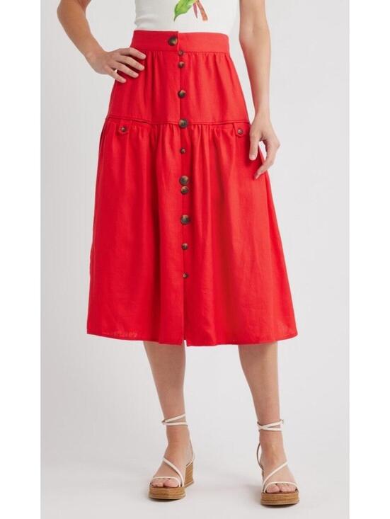 Farm Rio Dresses & Skirts - NWT Farm Rio Mixed Buttons Linen Midi Skirt In Red. Size Small. Retail $198
